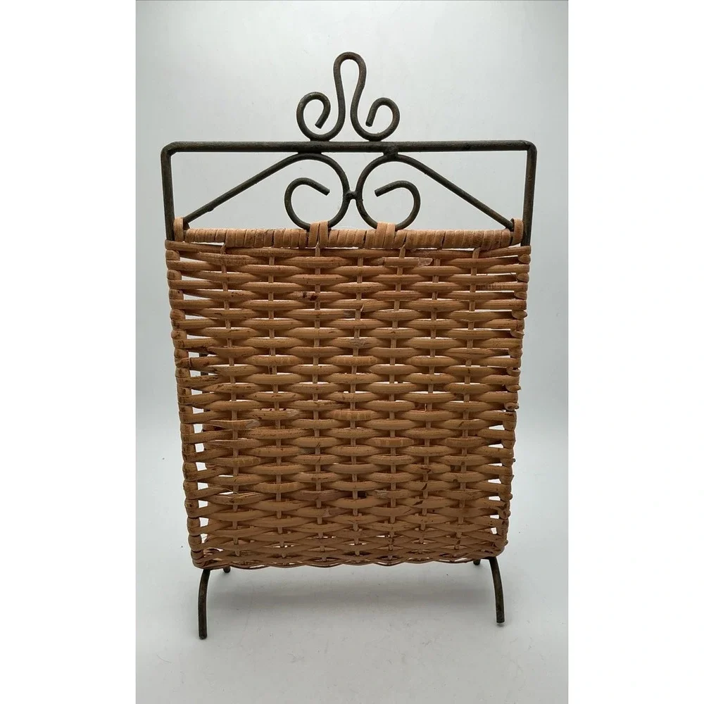 Vintage Wrought Iron Woven Wicker Napkin Letter Mail Holder Desk Organizer‎